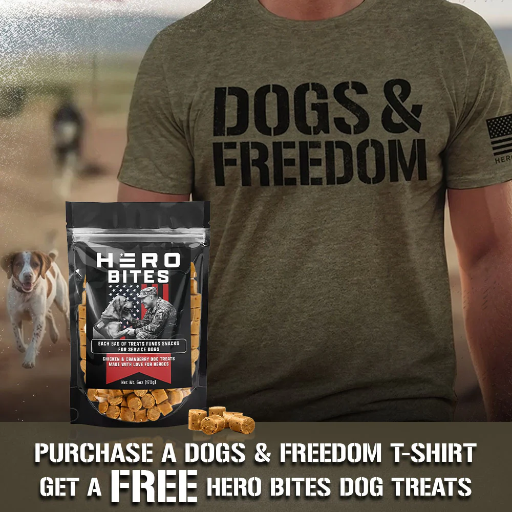 FREE Hero Bites with Purchase of The Hero Company Men's Dogs & Freedom Tee: Helps Pair Veterans With A Service Dog or Shelter Dog