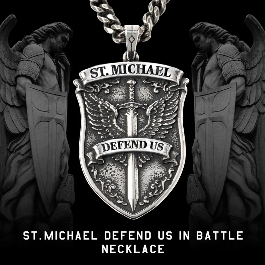 FREE  St. Michael’s Shield Defend Us In Battle Necklace with Purchase of Men's Saint Michaels Tee : Helps Pair Veterans With A Service Dog or Shelter Dog - Image 9