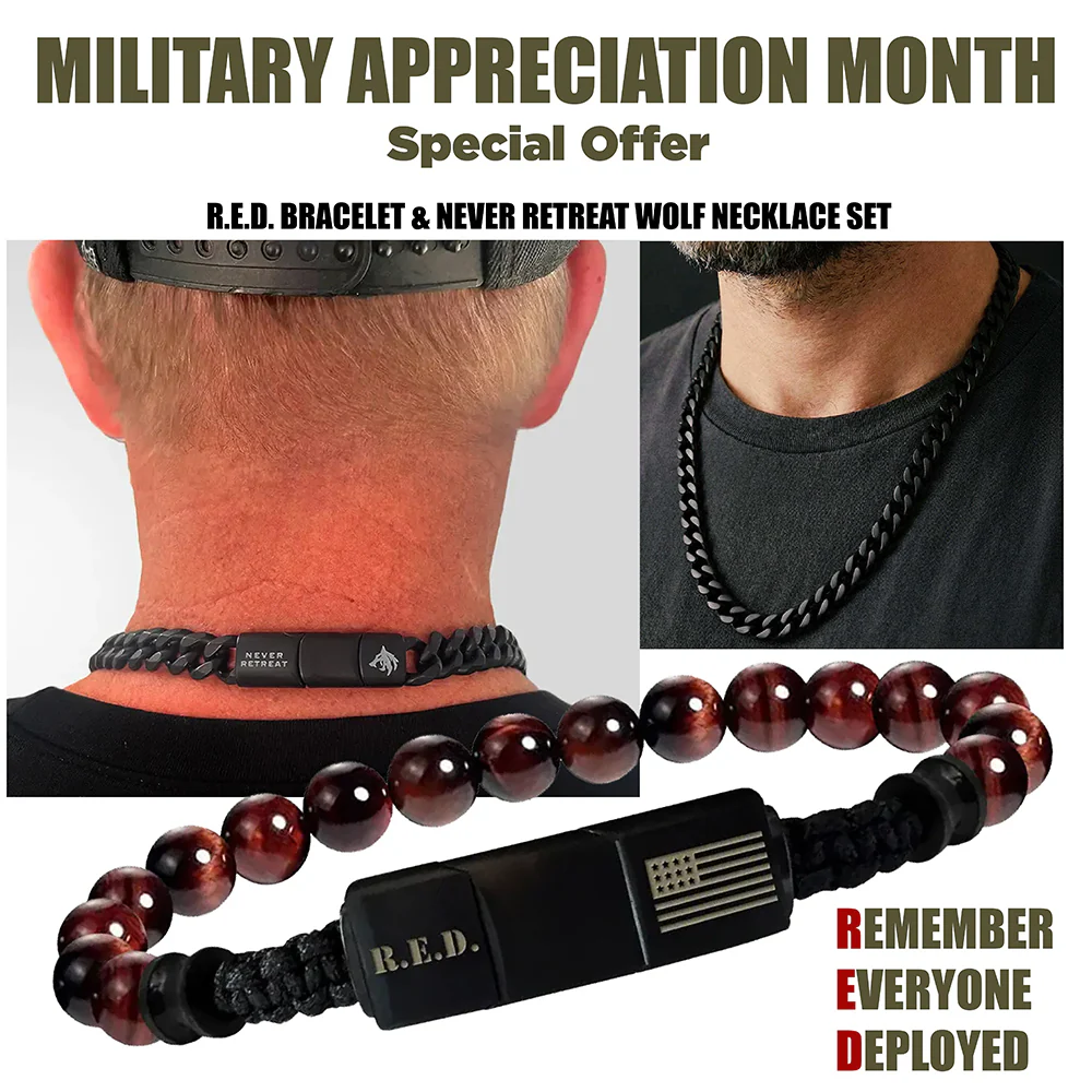 Military Appreciation DEAL! R.E.D. Tiger's Eye Never Forget Bracelet and Never Retreat Alpha Wolf Cuban Link Necklace: Helps Pair Veterans With A Service Dog Or Shelter Dog